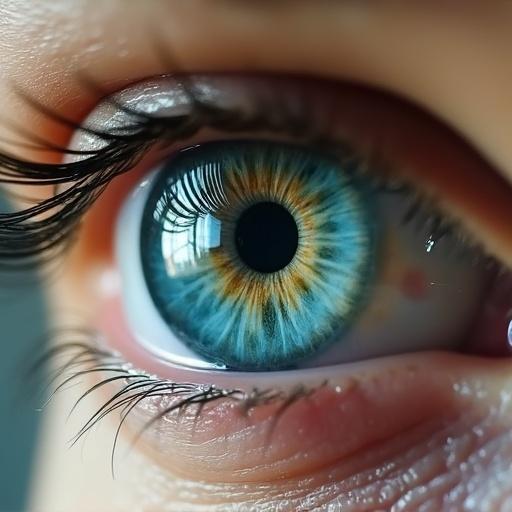 A close-up of a sea blue eye with marbled green and hazel details around the pupil. The emphasis is on the vibrant colors and intricate patterns in the iris.