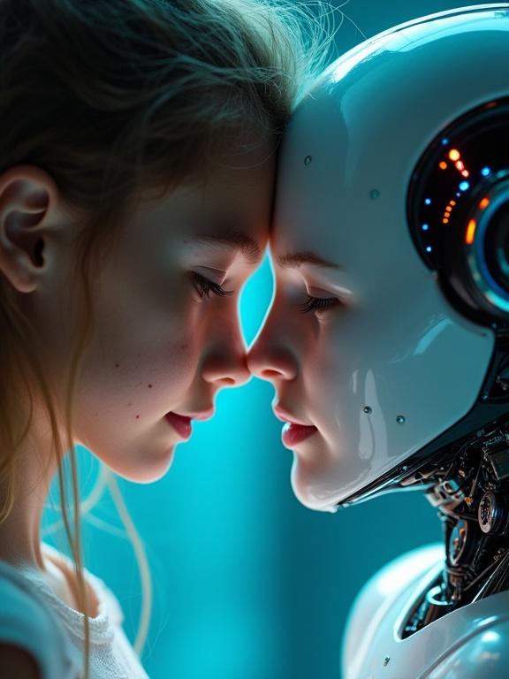 Extreme close-up shot of a girl and humanoid android touching foreheads. Focus on skin against metal and glowing circuits beneath the synthetic surface. Visible freckles and soft skin texture illuminated by neon-blue edge light. Warm glow reflecting off chrome plating. Scene conveys emotional intimacy with blurred background. Artful focus highlights symmetry with a cinematic sci-fi tender atmosphere.
