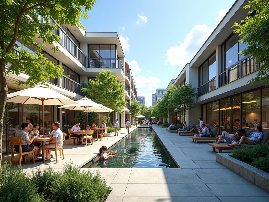 The image depicts a modern urban space filled with people enjoying the atmosphere. There are contemporary buildings designed with large glass windows and clean lines. A serene water feature is present in the center, surrounded by lush greenery and comfortable seating areas. Several individuals are dining at outdoor tables under umbrellas, creating a lively café ambiance. The scene captures a blend of architectural styles that integrate nature with urban living, all under a bright blue sky.