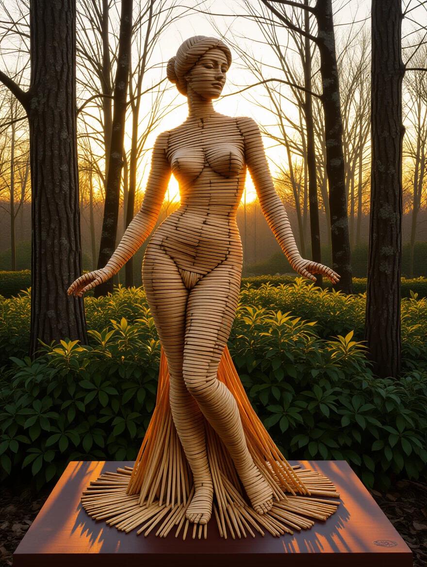 A sculpture crafted from toothpicks creates the form of a nude woman. The sculpture is placed in a forest setting during sunset. Textured wooden surfaces exhibit rough-hewn grain. Dappled light from the trees enhances the piece. The scene combines whimsical and precise artistic styles.