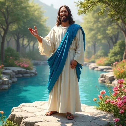 Jesus stands on an oval stone in a long white robe with a blue sash. He smiles with hands outstretched towards the viewer in a floral garden with a blue pond.
