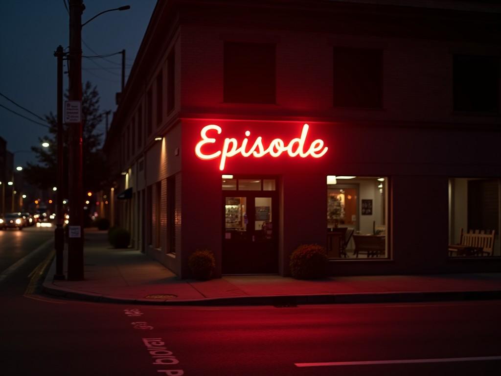 The image depicts a cozy restaurant or cafe named 'Episode' illuminated by a vibrant red neon sign. It's nighttime, and the building stands out against the dark sky. The neon light casts a warm glow, inviting passersby to take a look inside. The surrounding street appears quiet, emphasizing the restaurant's welcoming ambiance. This scene evokes a sense of urban charm and nightlife excitement.