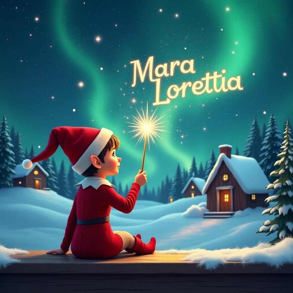 Elf on a wooden ledge gazes at magical sky. Dressed in red outfit, pointed hat, holding a sparkling wand. Writes 'María Lorettiña' in starry sky. Background features snowy landscape, charming houses, evergreen trees, under Northern Lights. Whimsical scene captures childhood magic.