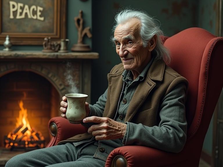 Semi-abstract surrealism style with ultra fine painterly detail. A serene scene featuring an elderly man and a slender old woman with gray hair. They have charming expressions sitting in a red rocking chair. The man holds a steaming tea cup. The background has a rustic wall with a 'PEACE' painting and various knick-knacks. Soft chiaroscuro effect.