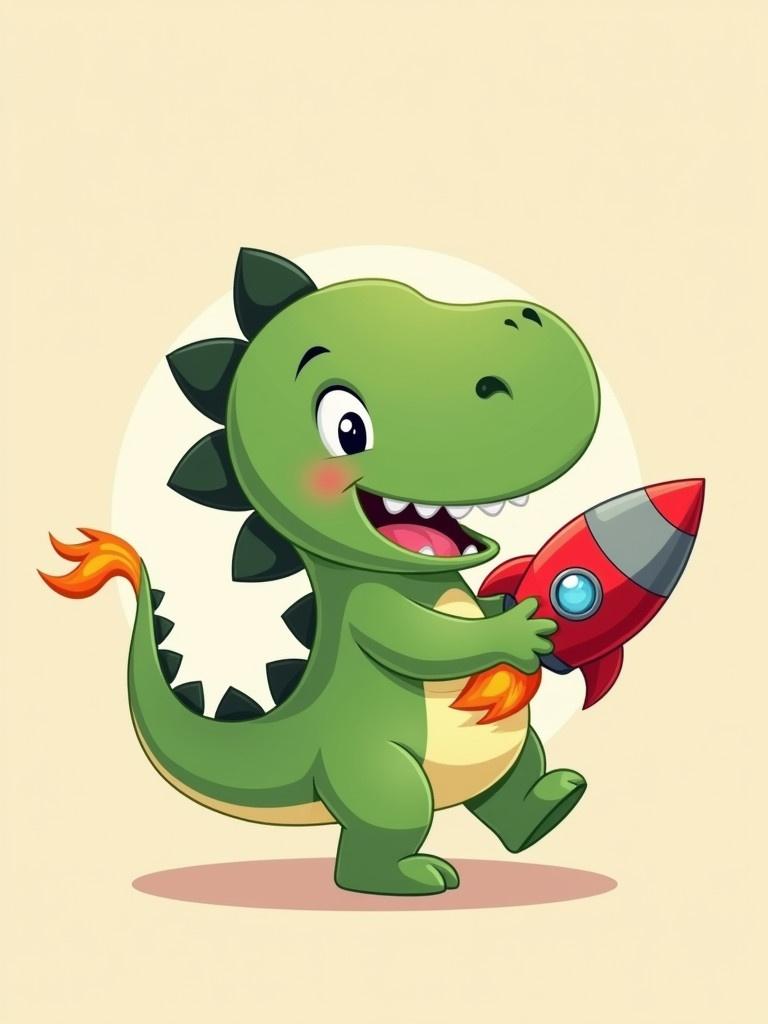 Cartoon dinosaur character holds a rocket. The dinosaur is chubby and green. It has a big smile and looks enthusiastic. The rocket is red and gray. Flames made out of coins surround the rocket. The background is light beige. The theme focuses on playfulness, technology and space.