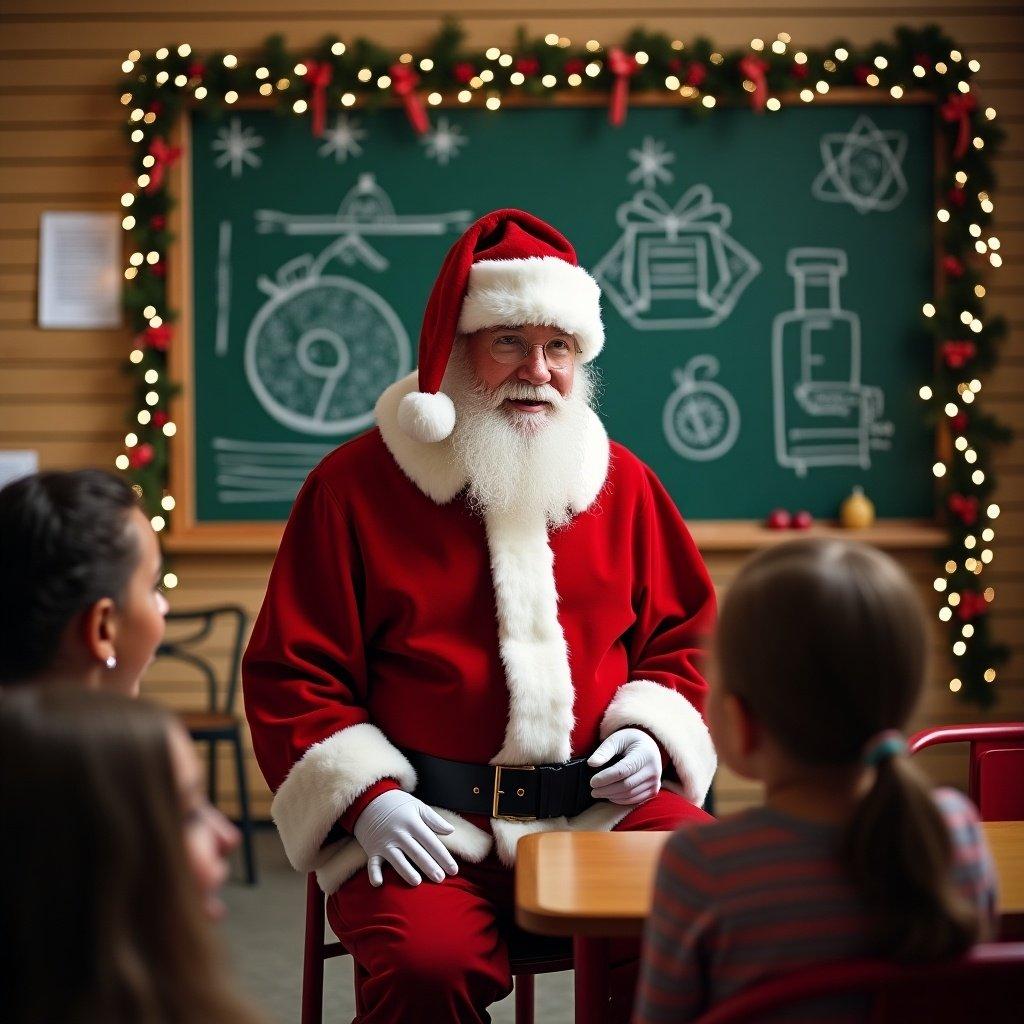 Santa Claus is in a classroom setting. Decorations include a blackboard with scientific illustrations and holiday lights. Children are seated, engaged with Santa. The atmosphere is festive and cheerful.