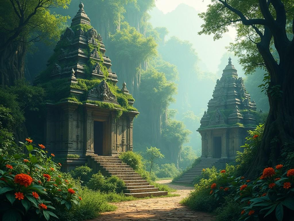 A serene ancient temple in a lush jungle setting, surrounded by vibrant flowers and towering trees, bathed in soft morning light.