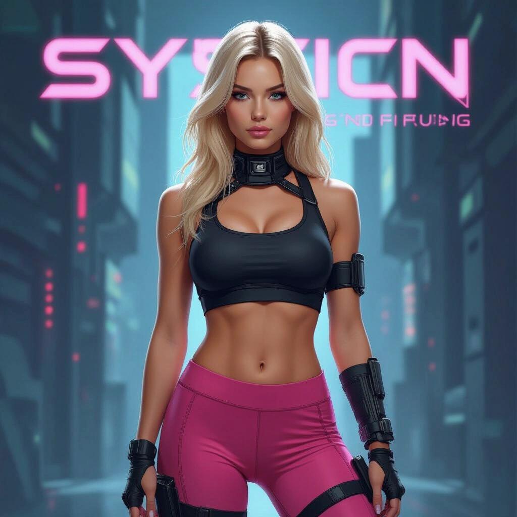 Album cover featuring a blonde female model in futuristic clothing. She wears a black crop top and pink yoga pants. The background includes a cyberpunk city aesthetic with neon lights.