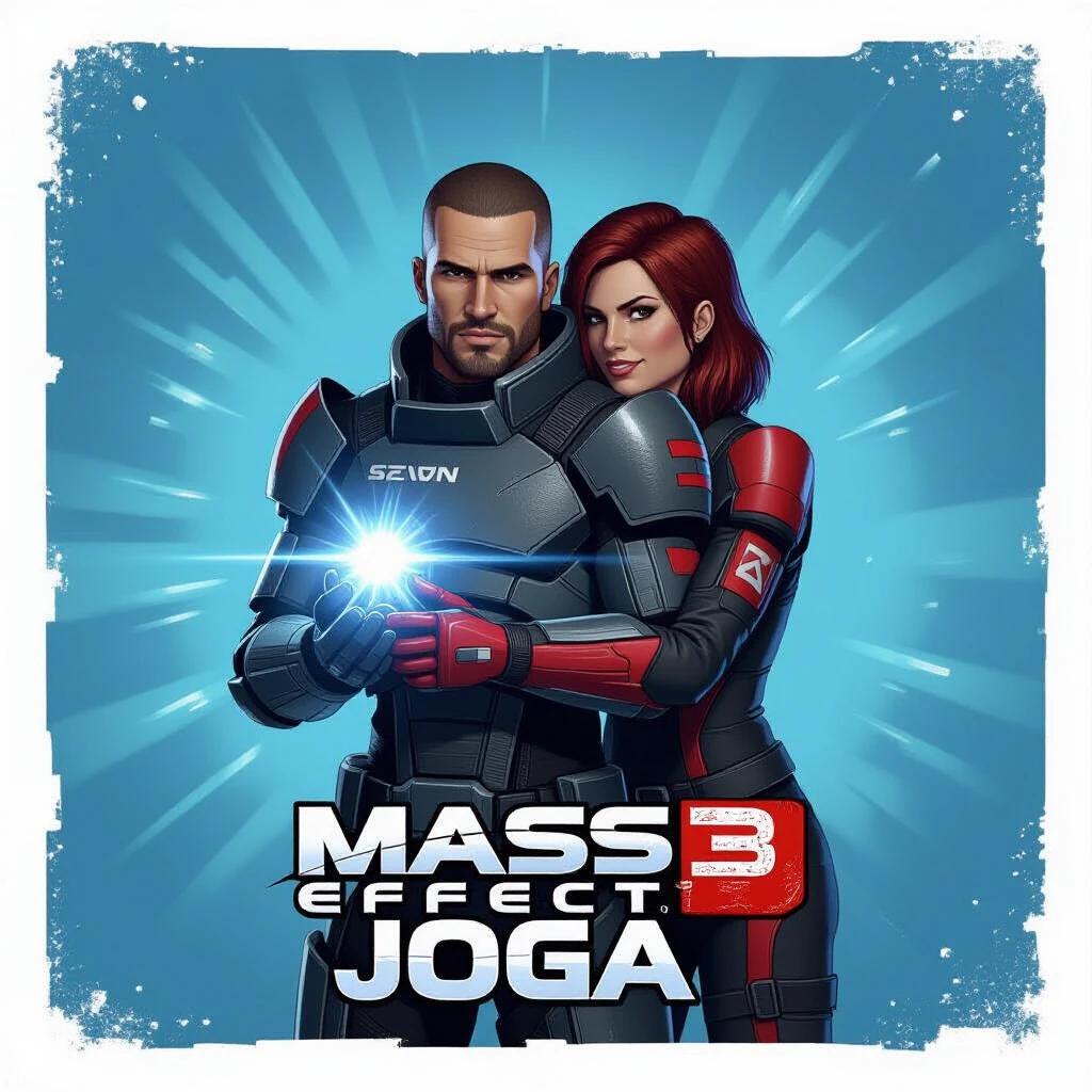 Shepard in armor with helmet emanating biotic powers. Tali embracing Shepard from behind. Mass Effect 3 logo included. Text RAZU JOGA styled below.