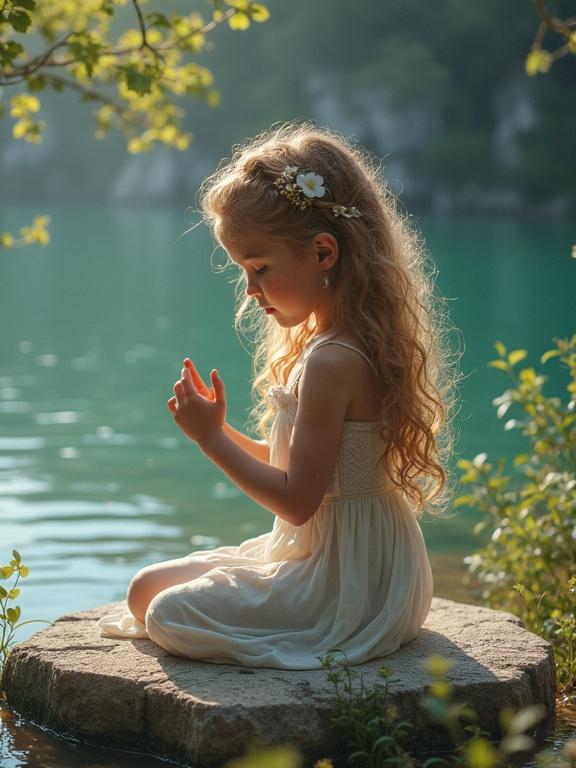 Beautiful girl with long blonde hair sits on a stone in a lake, playing with her hand, dressed in a light outfit, depicting a fairy-like nymph in a cool morning