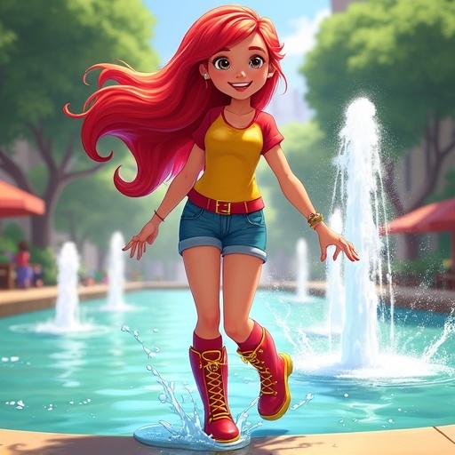 Playful girl splashing in fountains. Character has bright red and yellow hair. Wearing yellow and red shirt with denim shorts. Red socks and shiny red hiking boots with yellow laces. Character design in animation style.