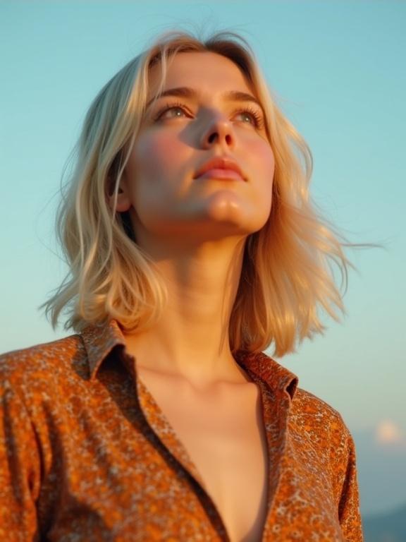 A young woman has shoulder-length blonde hair and fair skin. She looks upward with a serene expression. A patterned button-up shirt in warm orange and brown tones is worn. Soft shadows are cast by golden hour sunlight. The background features a clear light blue sky with subtle clouds.