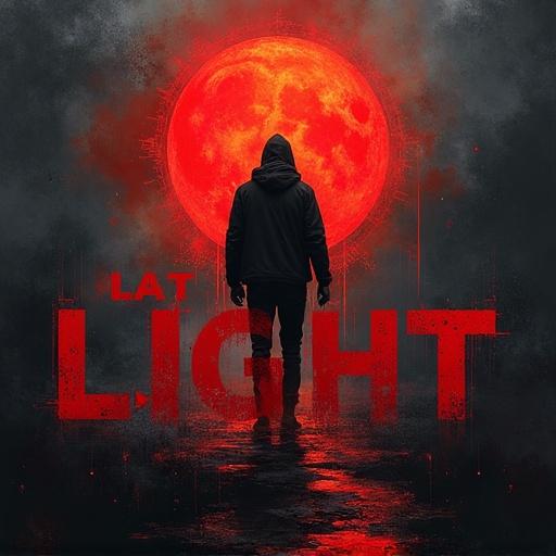 Striking artwork representing gritty hip hop album cover. Features bold text Last Light DJ Hoptronixx. Dark atmosphere with red moon backdrop. Figure in hoodie stands against the light.