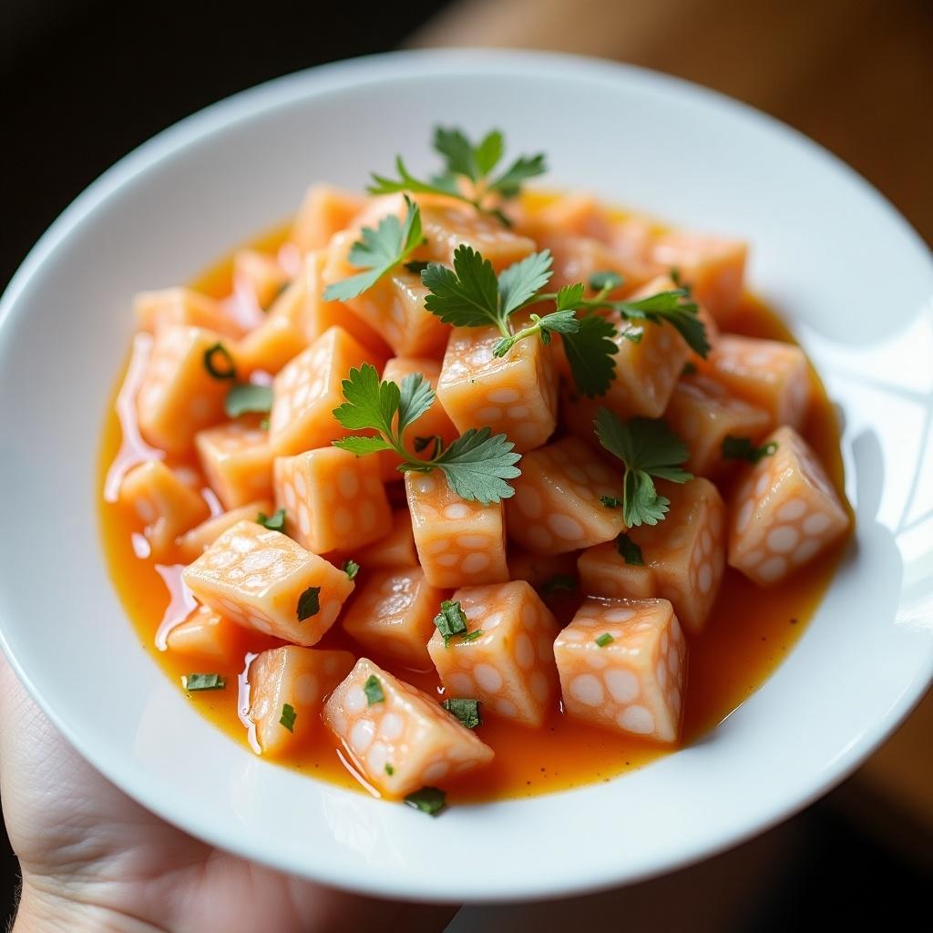 A plate of shrimp ceviche featuring diced shrimp in a citrus marinade. Garnished with fresh cilantro and green onions. Served in a white bowl, showcasing vibrant colors.