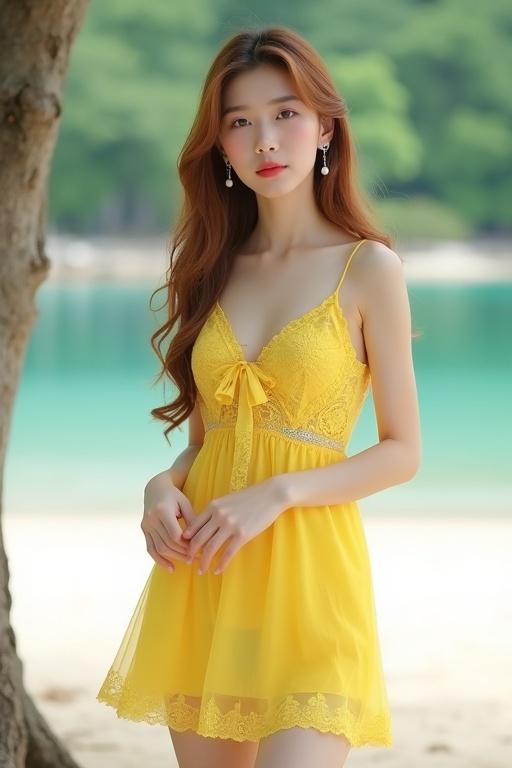 High-resolution photorealistic image of a woman in a yellow dress standing outdoors. She is in a coastal setting near calm water with green foliage. The dress is semi-sheer with lace detailing. Natural hair falls on shoulders. Soft expression and relaxed stance. Tranquil atmosphere with sandy ground and tree trunk.