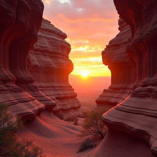 Sandstone canyons carved into organ pipes. Sunset illuminating the rocks creates vibrant colors. Canyon landscape features gentle slopes.