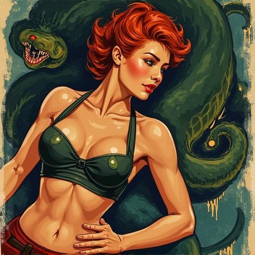 Pulp movie poster style from the 1930s with a stylish heroine fighting snake men