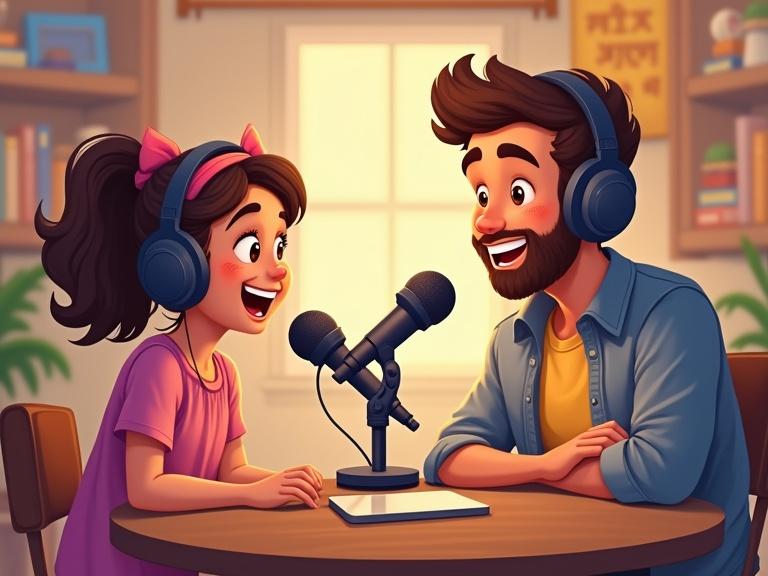 A young father and his 8-year-old daughter hosting a live podcast together. They are seated facing the audience with microphones in front of them. The setting is a vibrant cartoon-style studio decorated with podcast equipment. The father wears a casual shirt and the daughter is in a cute dress with a headband. Soft lighting creates a cheerful atmosphere. Their joyful expressions showcase their bond as they engage with their audience.