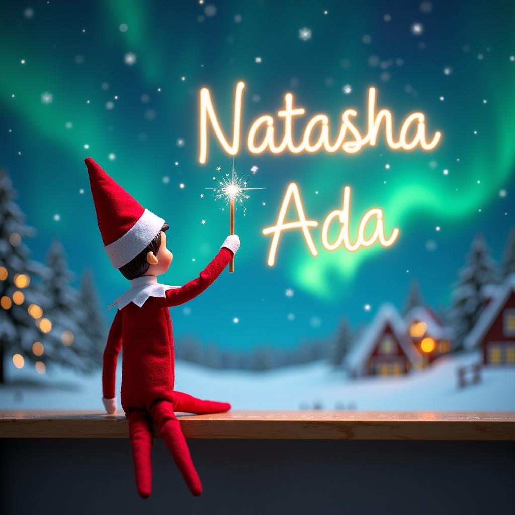 An elf sits on a wooden ledge with its back to the camera, gazing at a magical sky. The elf, dressed in a red outfit with a pointed hat, holds a sparkling wand. With the wand, the elf elegantly writes the names 'Natasha' and 'Ada' in the starry sky. The background features a snowy landscape with charming little houses and evergreen trees under the shimmering Northern Lights. This whimsical scene captures the essence of childhood magic and Christmas cheer.