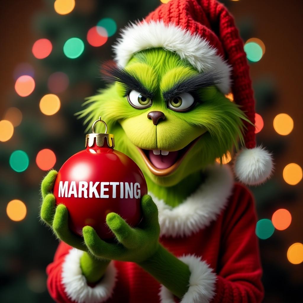 Grinch character holding a Christmas ornament with the name MARKETING. Background has Christmas lights.