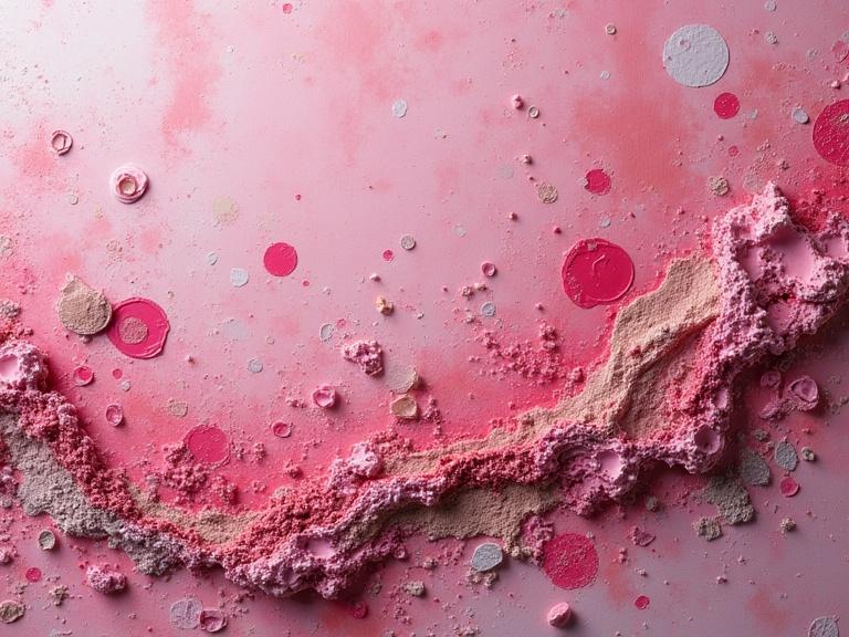 Artistic representation of pink textures. Features mixed media including fabric and glitter. Close up digital art with layers of materials. Includes scratches and drops for visual interest.