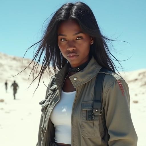A petite black female soldier stands confidently in a white desert. She has long dark hair and wears a grey short jacket over a white t-shirt. Grey pants and military boots complete her look. A gun strap is visible on her side. The sunny blue sky brightens the scene with shadows contrasting on the ground.