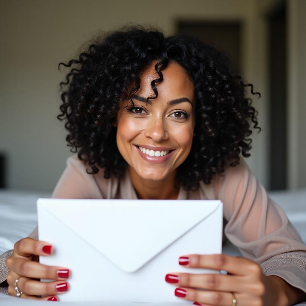 A 50+ woman with black curly hair is lying down and holding a white envelope. She wears a sheer blouse and has red-painted nails. The setting is a well-lit room with neutral-colored walls. The woman is looking directly at the camera, giving a friendly and inviting smile. The atmosphere of the image is casual and relaxed, suggesting personal moments and connections. It captures a sense of warmth and approachability in her expression.