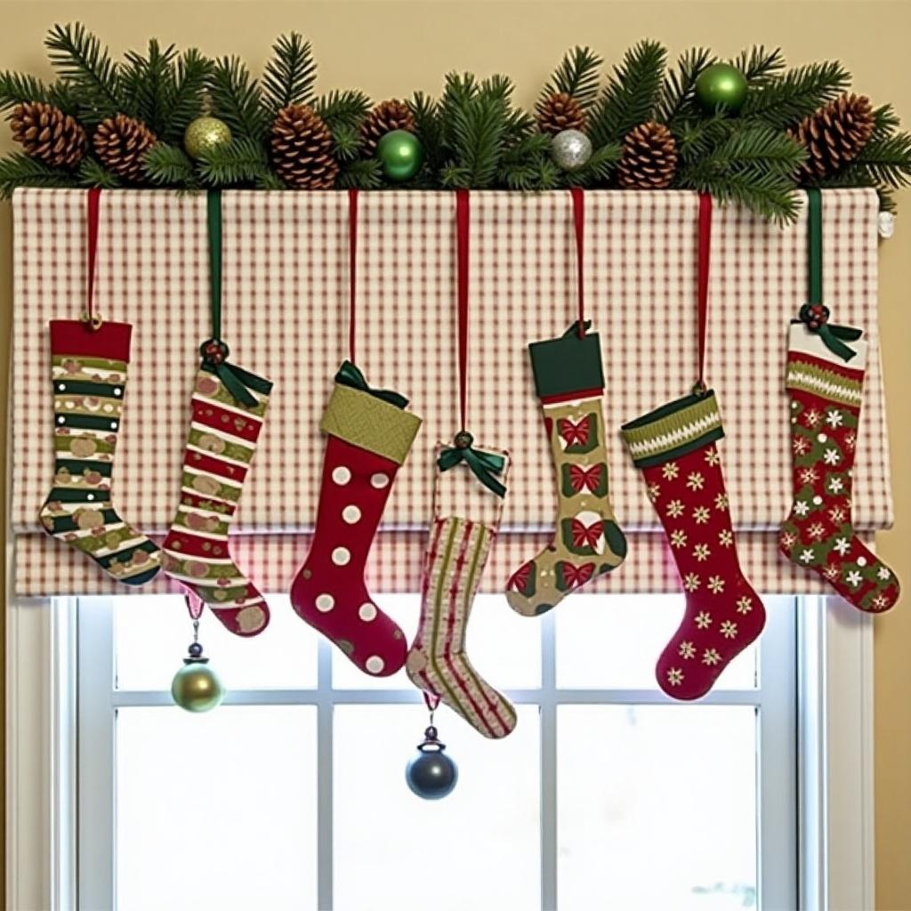 This image showcases a festive window treatment featuring creative Christmas pelmet decorations. The pelmet is adorned with vibrant stockings hanging in a cheerful display. Each stocking has a unique design, contributing to the overall holiday spirit. Pinecones and greenery add a rustic touch to the decor. This setup is perfect for enhancing the festive atmosphere in any home during the Christmas season. It's an inviting sight that evokes warmth and celebration, ideal for gathering family and friends.