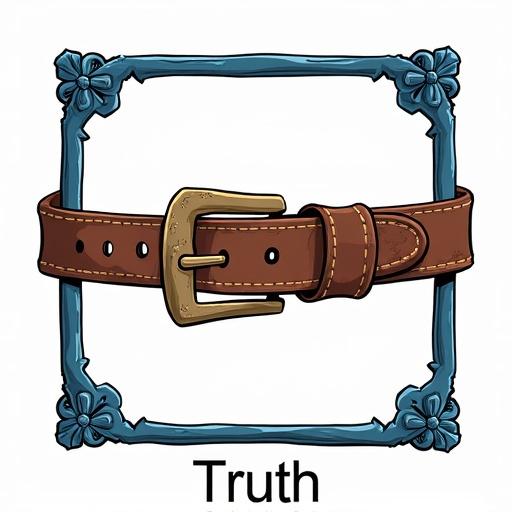 An American comic style illustration features an old leather belt from ancient times. A blue decorative frame surrounds it. The word 'Truth' appears below. The background is white and empty.