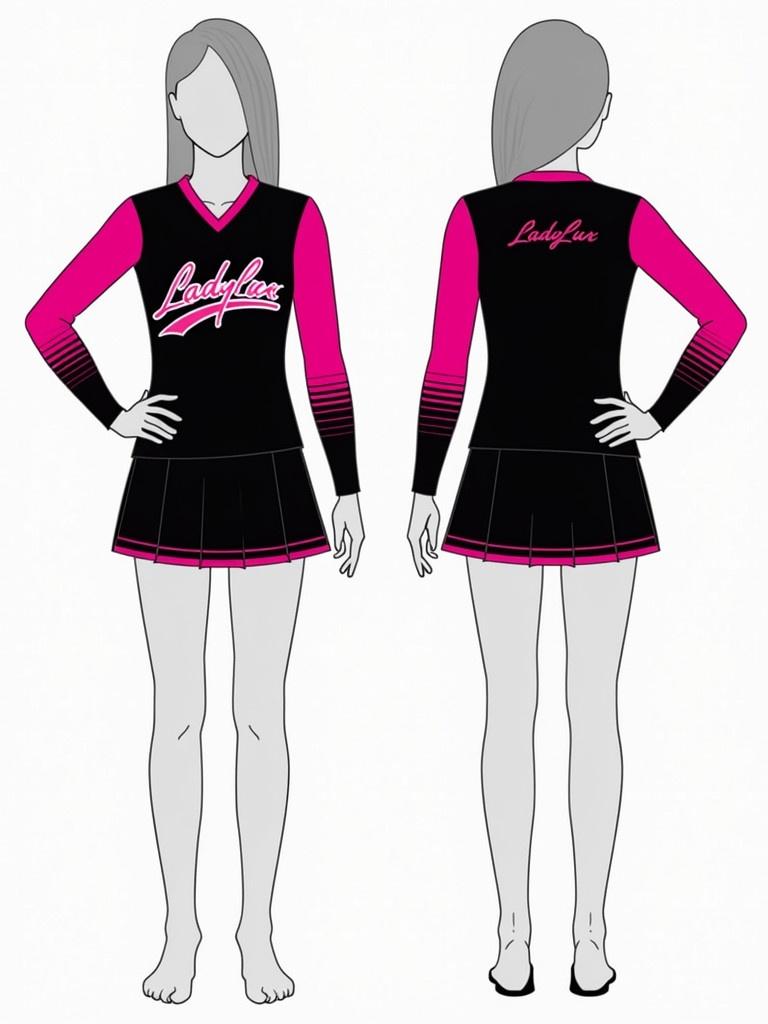 Cheerleading uniform design features long sleeve top in black and pink colors. Skirt accompanies the top. The name 'LadyLux' is prominently displayed. The design showcases a matching color scheme and modern look.