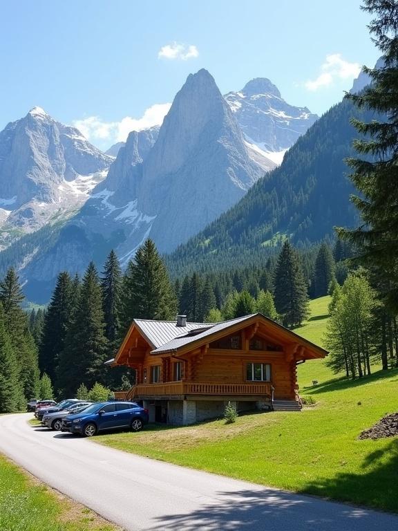 A wooden chalet with a balcony stands in the foreground. The chalet has a rustic charm. It is surrounded by tall trees and majestic mountains. Snow-covered peaks rise behind. The scene is bright and sunny. A road goes in front of the chalet with parked cars. The area looks inviting and peaceful.