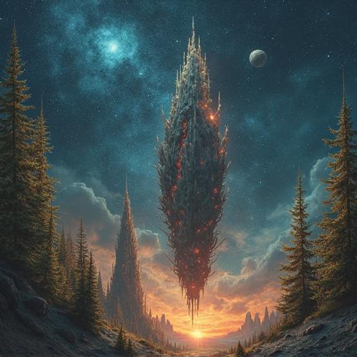 A landscape showing a gigantic sentient structure hovering above a forest during sunrise. Dark mountains are in the background. A starry sky filled with vibrant colors and a nearby planet is visible. The environment is filled with tall trees.