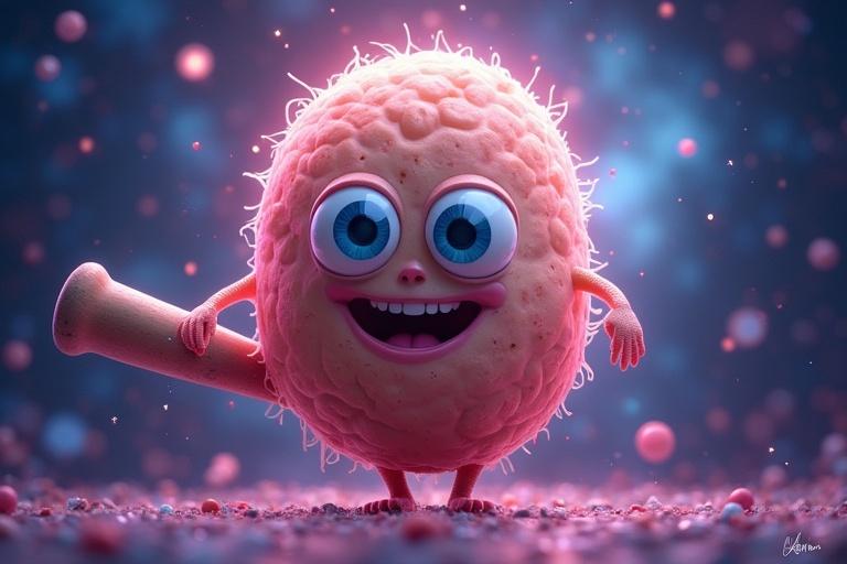 Imaginary creature resembles a potato. Blue eyes. 'Hehe' smile. Rotating universe-like background. Holding a baseball bat. Teary smile face reminiscent of current internet AI meme. Strange pink-purple-blue gradient color. 'Meme Hehehe' highlighted below.