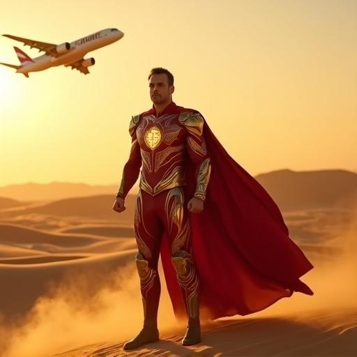A superhero in crimson and gold stands on a sand dune. He wears an armored flight suit with Arabic patterns and the Emirates logo. A luxury jet flies overhead. The scene is set during golden hour with dust swirling around. The mood is majestic and opulent. His eyes glow and his cape flows in the wind.