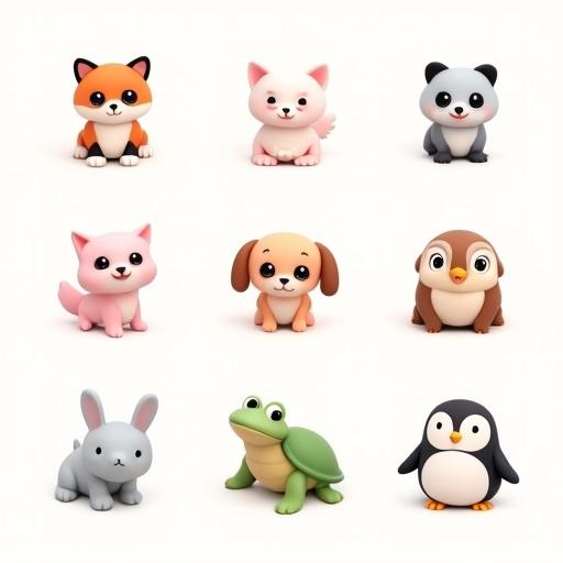A collection of cute 3D cartoon-style animal icons for mobile gacha games. Simplified, outlined design with large expressive eyes. Animals include fox, panda, cat, dog, frog, owl, elephant, turtle, bunny, and penguin. Soft pastel colors and dark outline. Animals centered in square icons.