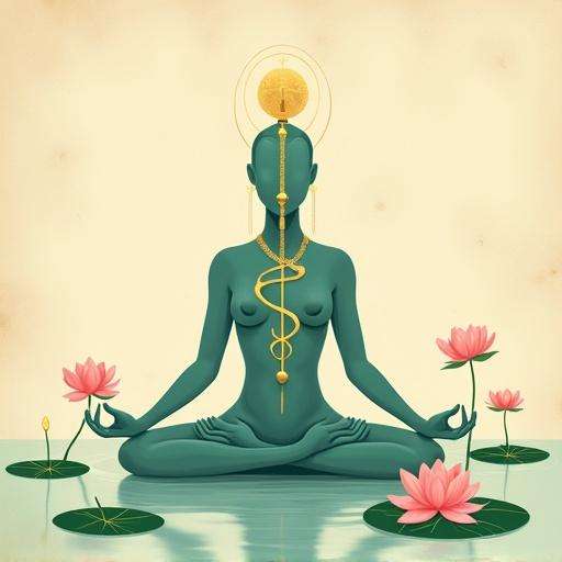 Flat illustration depicts a teal-skinned divine figure meditating in lotus position. Figure sits on calm water among lily pads and blooming pink lotuses. Golden caduceus symbol flows up their body. Background features soft beige with light parchment texture. Style includes fine pencil-line detailing and soft muted colors. No shadows. Modern esoteric vintage art style.