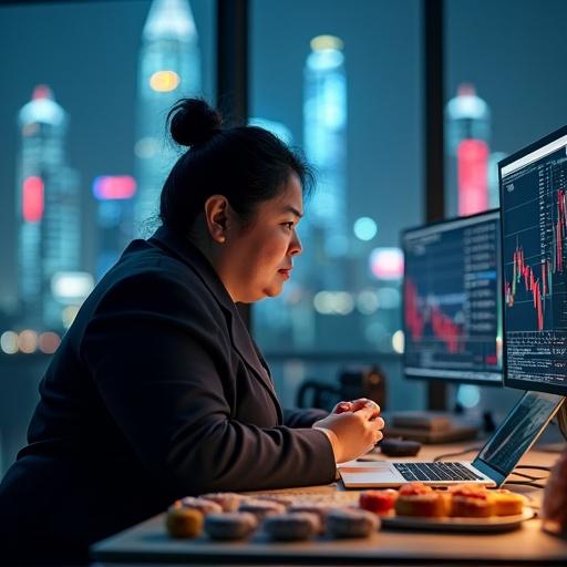A mature Japanese woman sits in a trading room. Expression is determined. Surrounded by high-tech monitors displaying charts. Desk has Japanese sweets and an open laptop. Room has glass walls with city skyline view. Soft neon lights cast a glow. Woman in dark business suit.