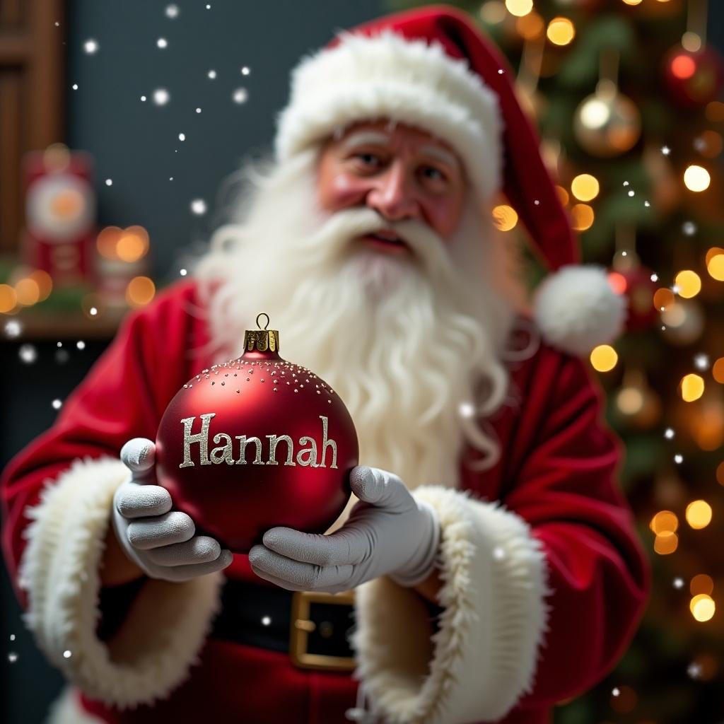 Santa Claus holding a Christmas bauble with the name Hannah.