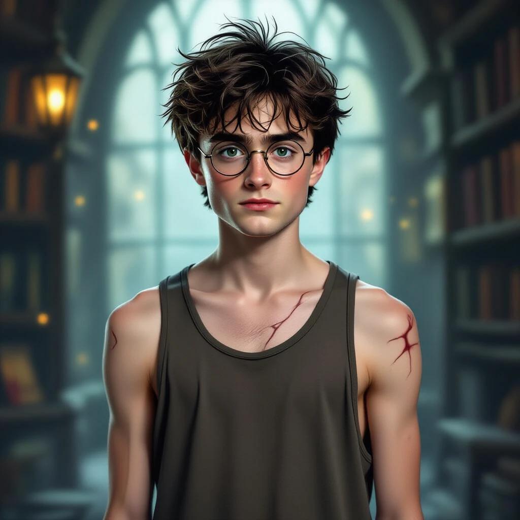 Young wizard in a loose tank top with messy black hair and round glasses. Lightning-shaped scar on forehead. Standing in a magical setting with books. Pale skin and fragile body language. Semi-realistic fantasy illustration style.