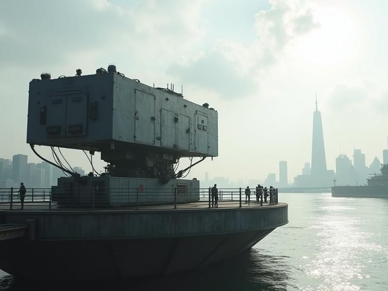 Cinematic scene showing a dark silhouette of a huge mechanical gun on a rotating platform. The platform sits on an island across from a city. Small figures stand by guard rails. Background features a city skyline with sunlight filtering through clouds.