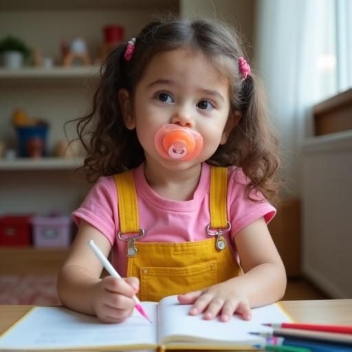 Girl writing in a notebook at home. She wears a pink t-shirt and yellow dungarees. A pacifier is in her mouth. She is focused on homework.