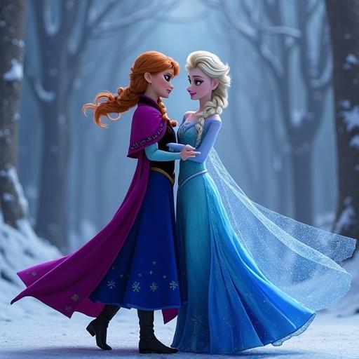 Elsa and Anna dancing together in a magical setting. Focus on their interaction with elegance and grace.