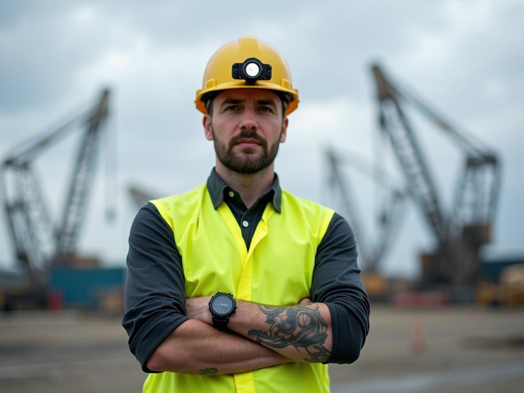 A construction worker is posing outdoors, wearing a hard hat with an LED headlamp attached. He is dressed in a bright yellow work shirt and a dark long-sleeved top underneath, suitable for a safely managed work site. The worker has a tattoo visible on his wrist, and he is showing off a rugged smartwatch on his arm. The background features large industrial structures under a cloudy sky, indicating an active construction site. His expression is not visible due to a blurred face, but he seems to be engaged in his work.