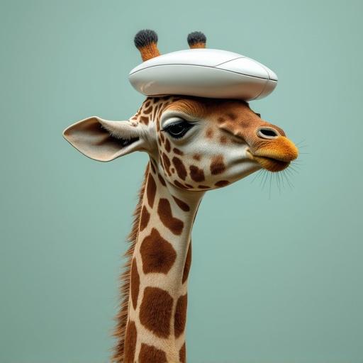 A giraffe with a computer mouse on top of its head. The background is a light blue color, creating a playful scene. The giraffe has a curious expression and distinctive spots.