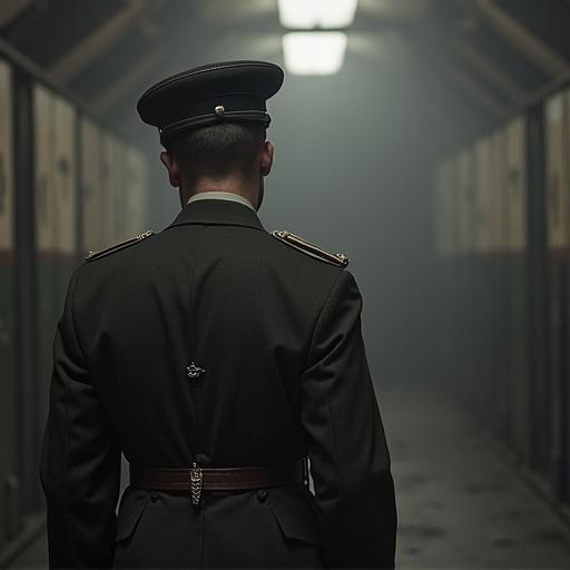 Image of a solitary male figure dressed in a dark green military uniform standing in a dimly lit corridor of a concentration camp. The design emphasizes the back view of the officer, highlighting the oppressive surroundings.