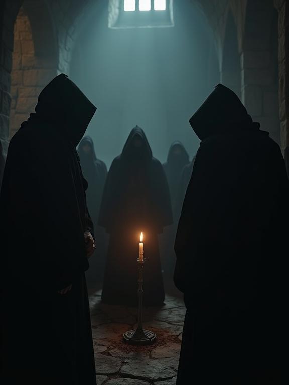 Hyper-realistic cinematic scene of hooded men in a dark stone chamber. Their faces are hidden. They gather around a flickering candle suggesting conspiracy. Style is cinematic, 35mm film with chiaroscuro lighting.