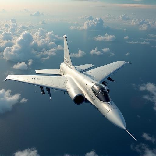Highly modern US Air Force aircraft flying at high altitude above clouds during daytime.