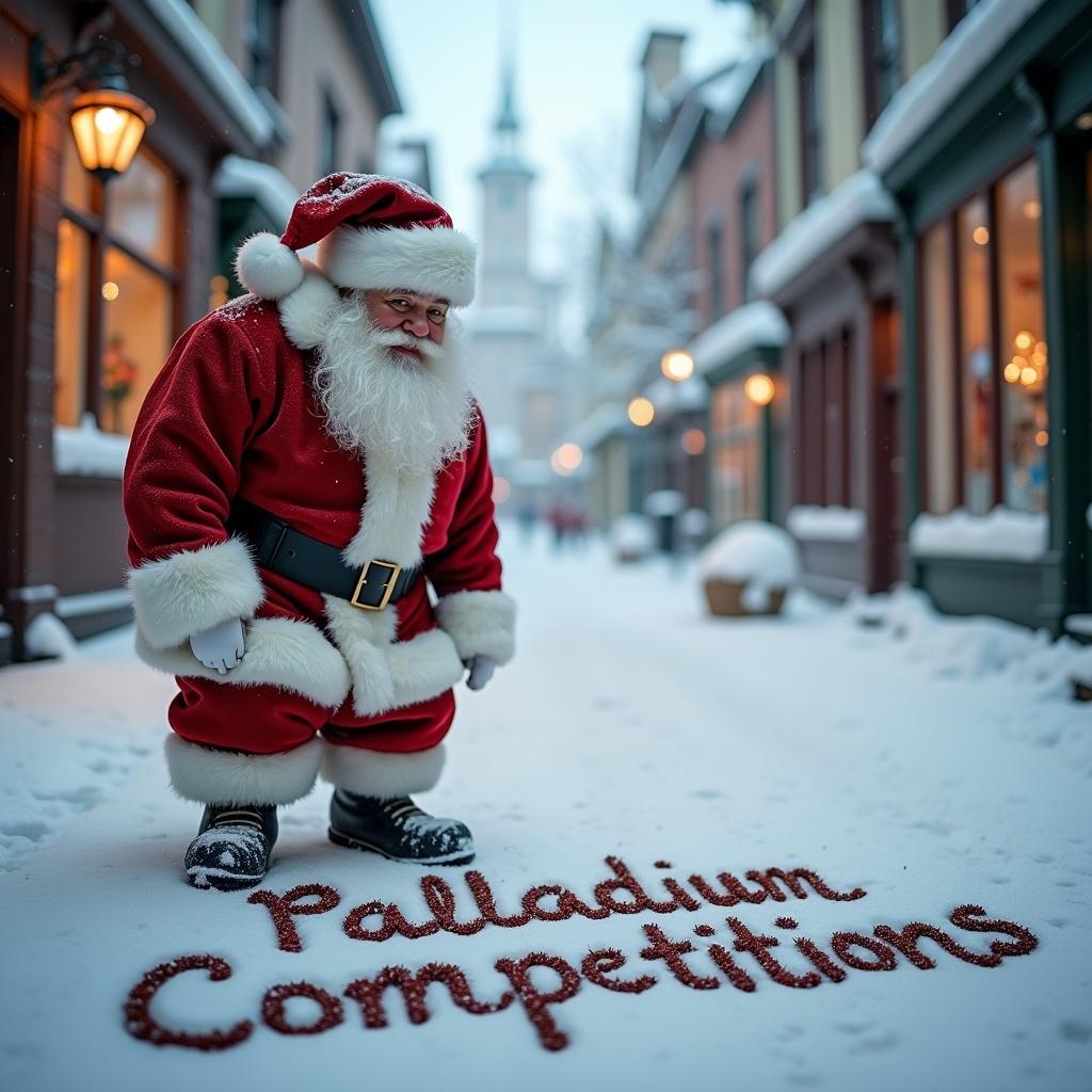 Image of Santa Claus writing Palladium Competitions in snow. Traditional red and white outfit with black belt and boots. Snowy street with charming buildings. Warm soft light. Cheerful festive mood.