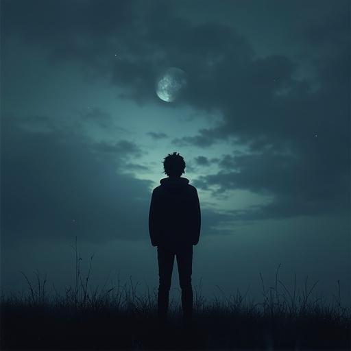 Silhouette of a person standing in an open field. The sky is dark with clouds and a large moon. The atmosphere is moody and contemplative.