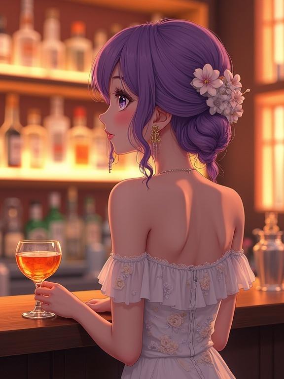Beautiful East Asian woman stands at a stylish bar wearing a white off-shoulder dress. The dress features delicate floral patterns and sheer sleeves. The woman has elegant violet hair styled in an updo with flowers. She holds a glass filled with an orange-colored drink. The background showcases softly lit shelves with various bottles of alcohol. The atmosphere is warm and inviting with a cozy and sophisticated feel. The image is a detailed digital painting with soft lighting and a romantic mood.